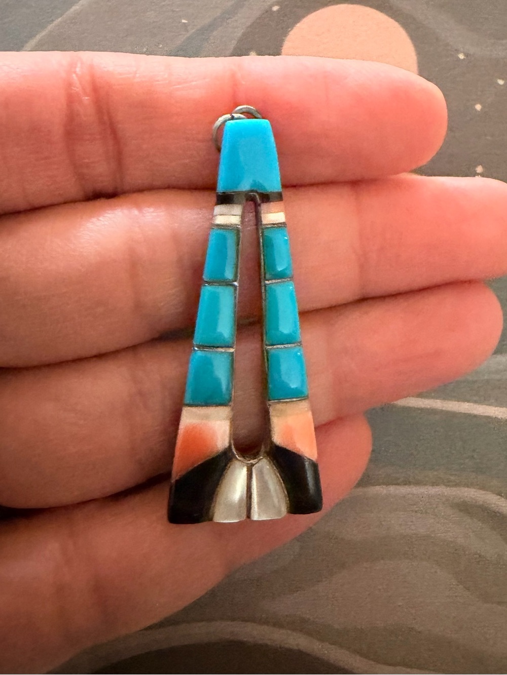 Turquoise and coral Inlay Drop Pendant - Zuni